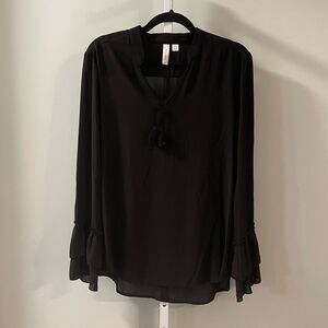 Tacera Black Blouse with Ruffled Bell Sleeves
